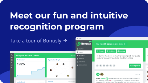 Meet our fun and intuitive recognition program. Click to take a tour of Bonusly.
